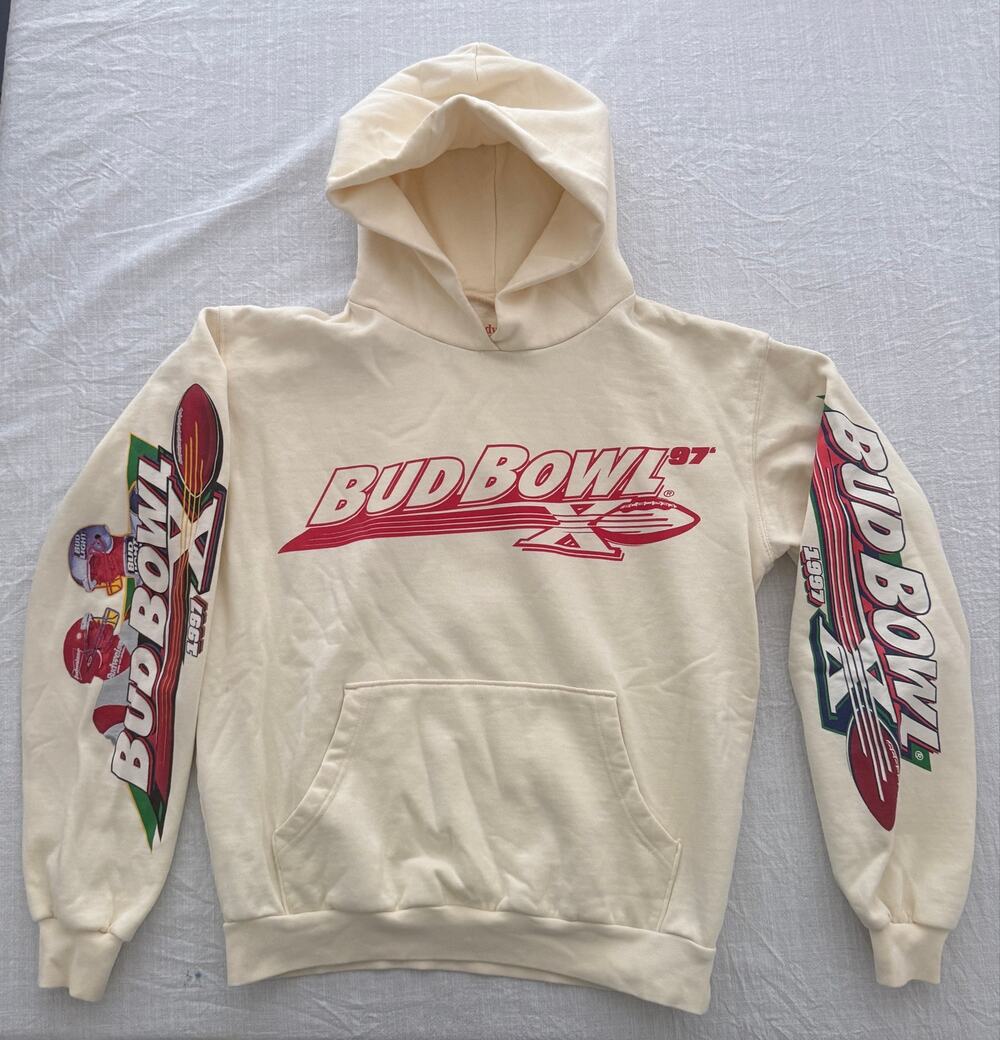 Budweiser | cream hoodie sweatshirt with Bud Bowl graphics | Unisex Medium